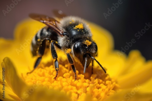 close-up of pollen-covered bee on yellow flower, created with generative ai