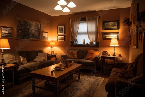 Wallpaper Mural warm and inviting atmosphere, with soft lighting and cozy furniture, created with generative ai Torontodigital.ca
