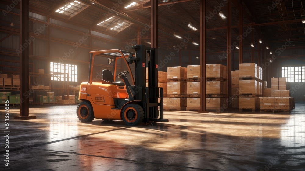 Forklift lifting product pallets in large warehouse. Generative Ai