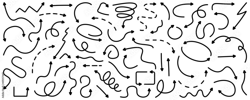 Set of black grunge hand drawn arrows.