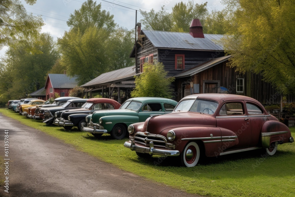 roadside attraction with vintage cars and motorcycles on display, created with generative ai