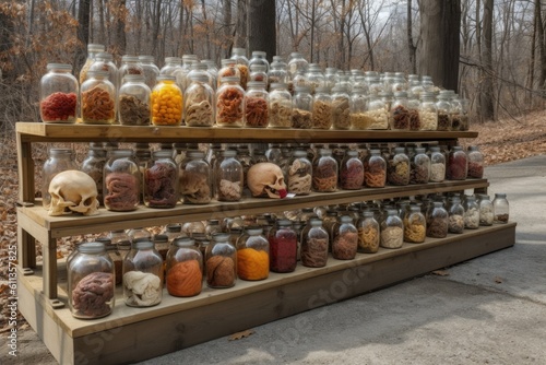 roadside attraction featuring a collection of bizarre or extraordinary objects, such as fake brains in jars, created with generative ai