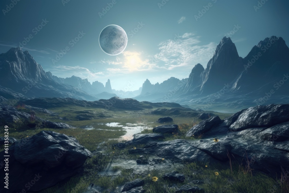 shot of a beautiful and mysterious alien planet, created with generative ai shot of a beautiful and mysterious alien planet, created with generative ai