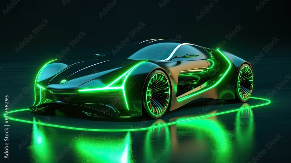 A futuristic electric car with motion green lighting. Automotive innovation and technology concepts. Generative Ai A futuristic electric car with motion green lighting. Automotive innovation and technology concepts. Generative Ai