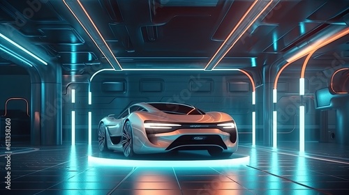A futuristic electric car is connected to a charging station in the underground parking of the business center. Automotive technology concept. Generative Ai