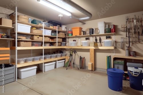 an organized and tidy garage with orderly shelves, tools, and bins, created with generative ai photo