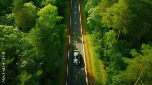 Aerial view of Electric car and EV electrical energy for environment, EV car on forest road. Ecosystem ecology healthy environment. Generative Ai