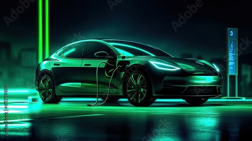 An Electric car at charging station. Front view electric car silhouette with green glowing on dark background. Automotive technology concept. Generative Ai