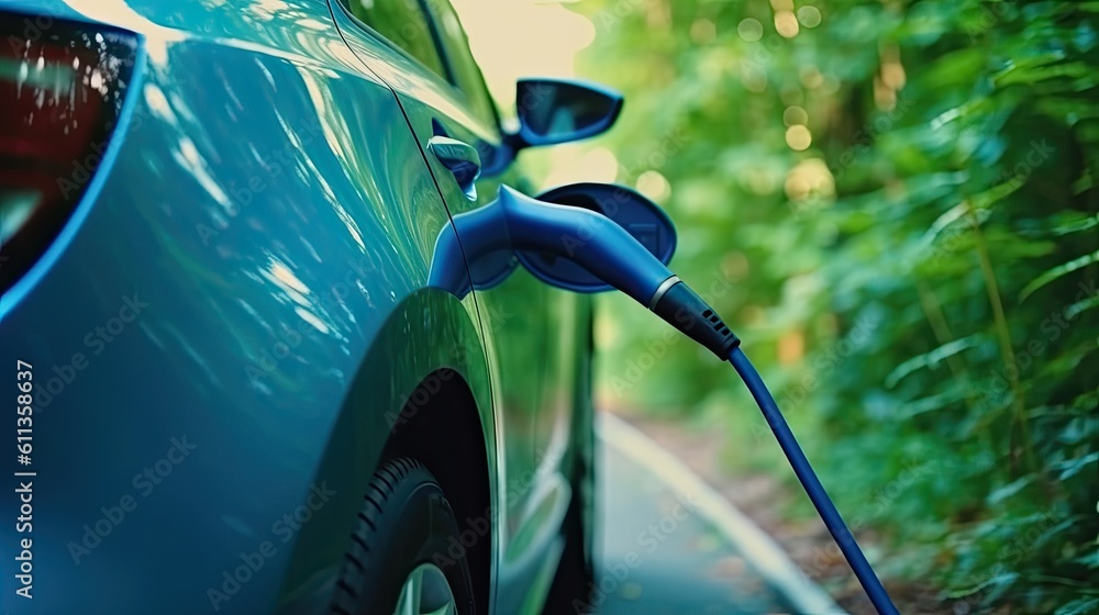 An EV Car or Electric vehicle at charging station with the power cable supply plugged in nature. Eco-friendly sustainable energy concept. Generative Ai An EV Car or Electric vehicle at charging station with the power cable supply plugged in nature. Eco-friendly sustainable energy concept. Generative Ai