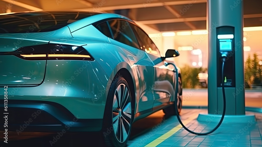 Power supply connected to electric vehicle charge battery. EV charging station for electric car or Plug-in hybrid car. Automotive innovation and technology concepts. Generative Ai - obrazy, fototapety, plakaty 