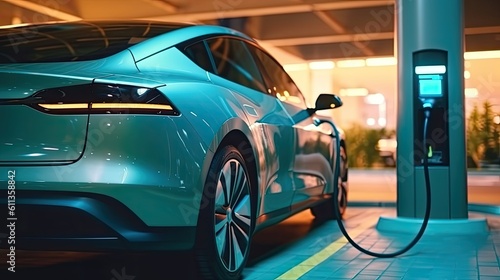 Power supply connected to electric vehicle charge battery. EV charging station for electric car or Plug-in hybrid car. Automotive innovation and technology concepts. Generative Ai photo