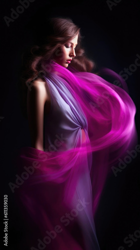 Auras of Silk: Captivating Woman in Purple and Pink. Generative AI © AIproduction