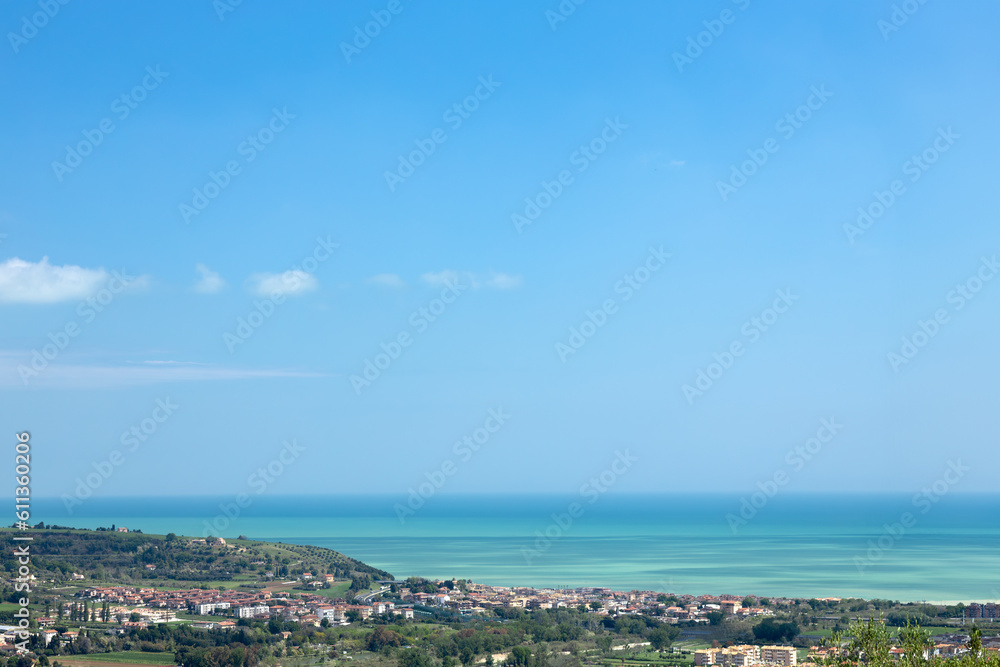 Seascape of Adriatic Sea from shore. Pedaso city, Italy. Aerial view, copy space