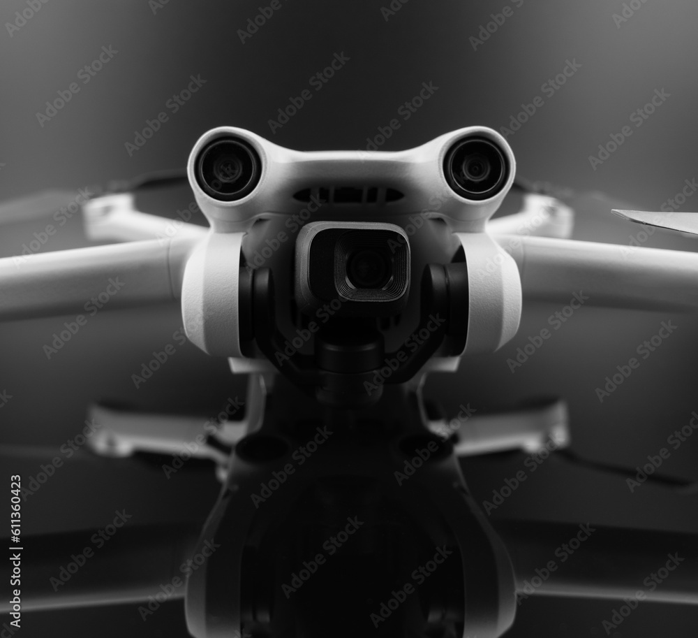Drone background. Quadcopter modern drone with camera