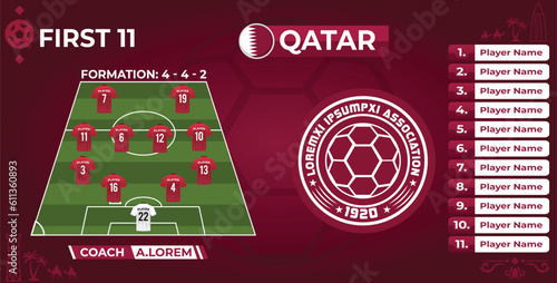 Soccer team line up and team formation template with first 11 players for Qatar Soccer Team	