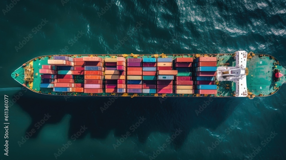 Fototapeta premium Top view of Container cargo ship in sea. Cargo Ship. Generative ai
