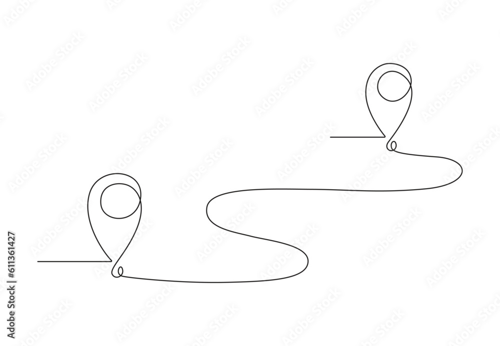 Continuous one line drawing of route. Location pointers. Travel concept ...