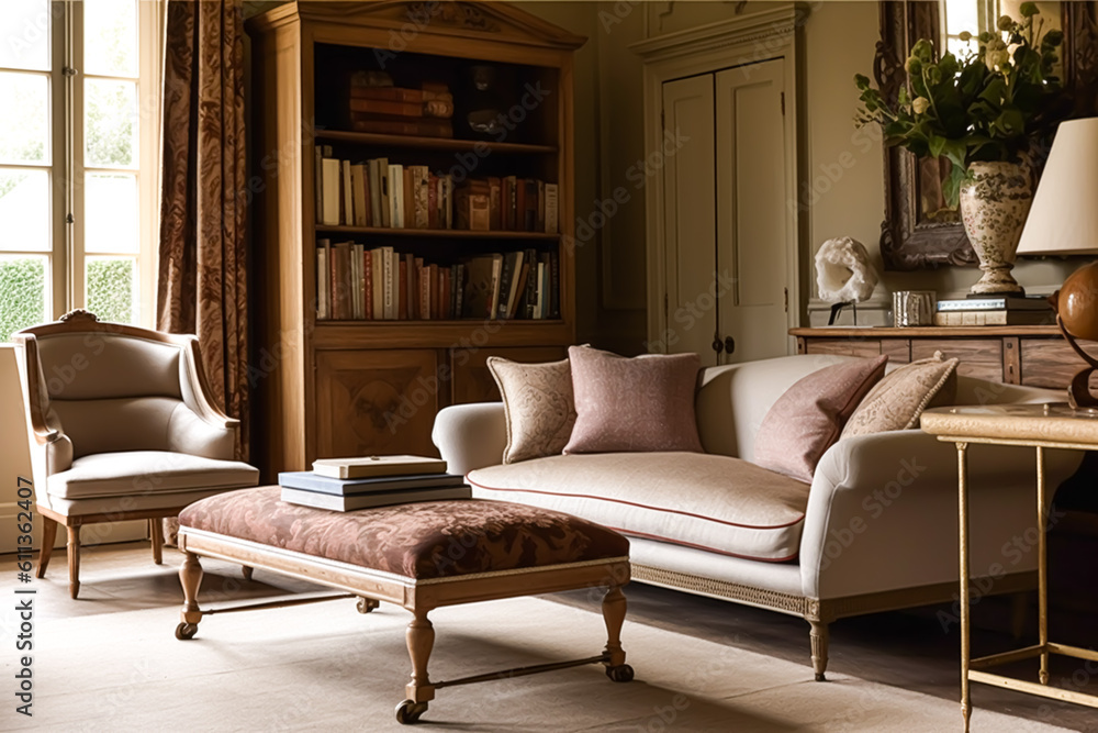 Elegant sitting room decor, interior design, living room furniture, sofa and home decor in English country house and elegant cottage style, generative ai Elegant sitting room decor, interior design, living room furniture, sofa and home decor in English country house and elegant cottage style, generative ai