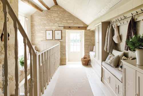 Cottage hallway decor  interior design and house improvement  welcoming entryway furniture  stairway and entrance hall home decor in an English country house  generative ai