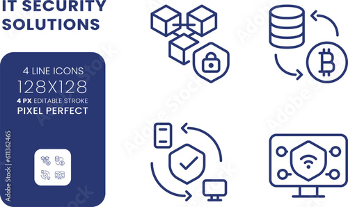 Data privacy solutions linear desktop icons set. Information protection. Risk management. Pixel perfect 128x128, outline 4px. Isolated user interface elements pack for website. Editable stroke