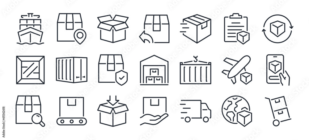 Shipping, tracking and delivery editable stroke outline icons set isolated on white background flat vector illustration. Pixel perfect. 64 x 64. Shipping, tracking and delivery editable stroke outline icons set isolated on white background flat vector illustration. Pixel perfect. 64 x 64.