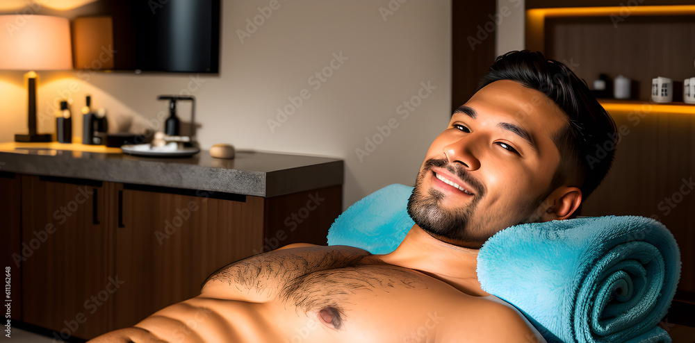 © Laure F - Homme en train de se détendre dans un salon de spa,IA générative.Personne fictive créée avec l'IA générative.