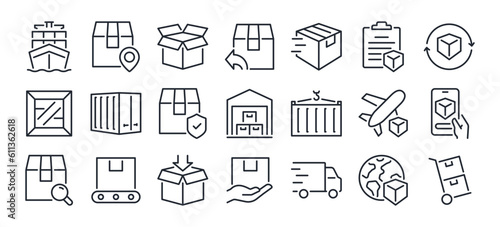 Shipping, tracking and delivery editable stroke outline icons set isolated on white background flat vector illustration. Pixel perfect. 64 x 64.