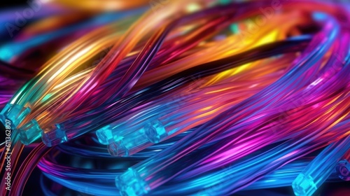 Colored electric cables and led. Optical fiber, background for technology image and new business trends created. Generative Ai