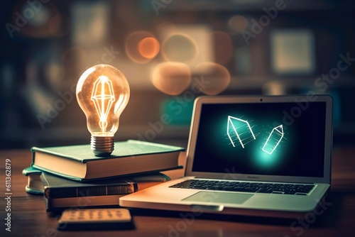 E-Learning-Programmkonzept für Graduiertenzertifikate. Glühbirne auf Buch mit Abschlusskappe und Bildungssymbolen. Abschluss des Internet-Bildungskurses, Online-Lernkonzept. Webinare ,Generative AI