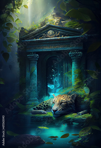 Asian tiger resting in a temple. Generative AI.