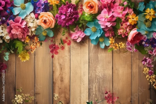 Colorful spring flowers on wood background. Generative Ai