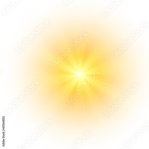 Yellow sun, a flash, a soft glow without departing rays. Star flashed with sparkles isolated on white background. Vector illustration of abstract yellow splash.