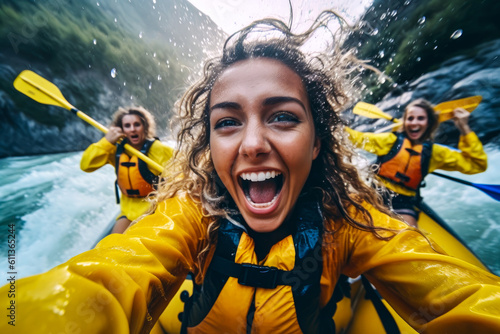 Woman whitewater river rafting, selfie closeup, canoe, kayak, paddling, extreme sports. Generative AI photo