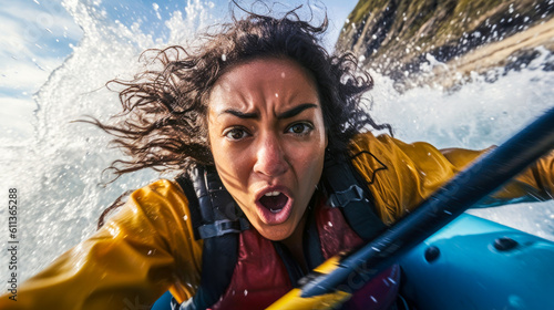 Woman whitewater river rafting, selfie closeup, canoe, kayak, paddling, extreme sports. Generative AI © Sunshower Shots