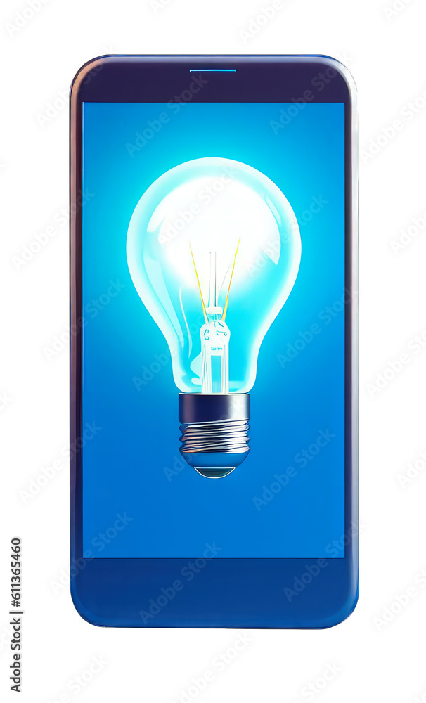 Light bulb on mobile screen, PNG transparent background, gradient, digital illustration. Generative AI Light bulb on mobile screen, PNG transparent background, gradient, digital illustration. Generative AI
