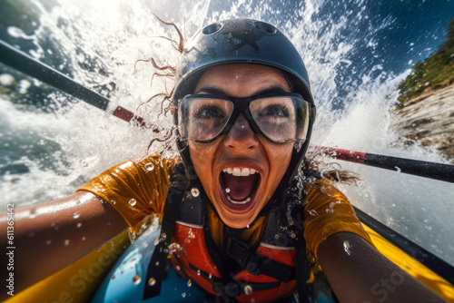 Woman whitewater river rafting, selfie closeup, canoe, kayak, paddling, extreme sports. Generative AI