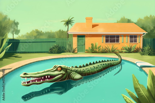 alligator in suburban backyard pool, illustration made with generative ai