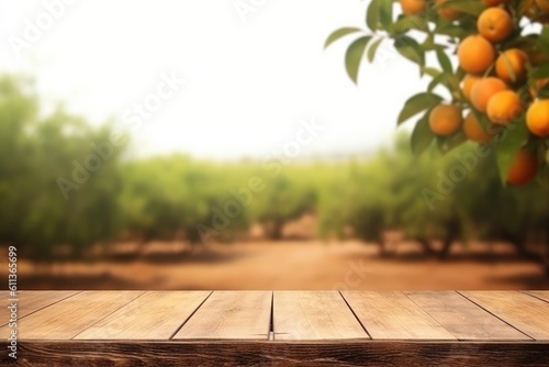 Wooden floor and orange trees covered with orange fruits, Orange field background, AI generated.