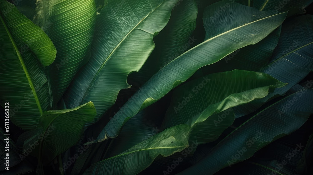 Obraz premium Tropical banana palm leaves texture green background, AI generated.