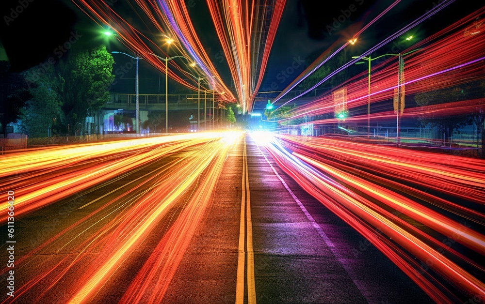Obraz premium Night Rhythms: Mesmerizing Abstract Light Trails in the Urban Tapestry - High-Quality Wallpaper, Generative AI