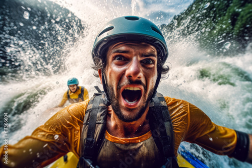 Whitewater river rafting, selfie closeup, canoe, kayak, paddling, extreme sports. Generative AI © Sunshower Shots