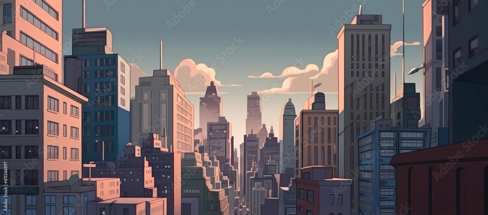 Cartoon city downtown with skyscrapers and buildings (Generative AI)