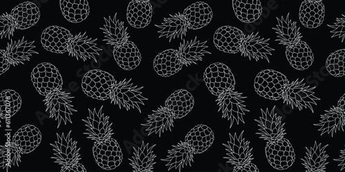 Seamless White pineapples on a black background.