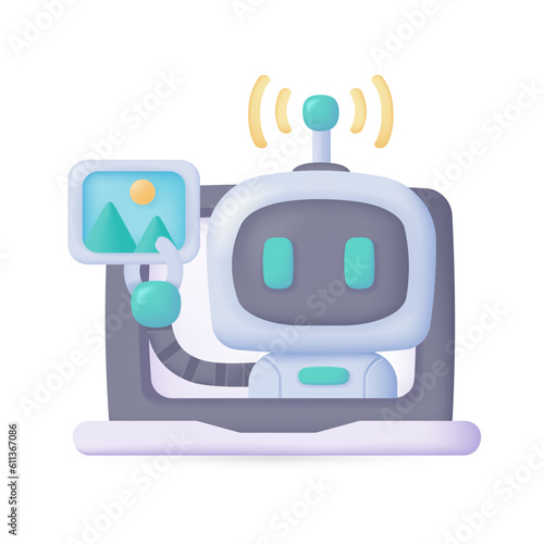Vector 3D smart robot on computer to assist in human work Creative cartoon robots in art and help answer questions.