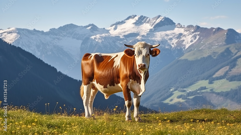 Cow stands in high alpine meadow, snowy mountains behind. Generative AI