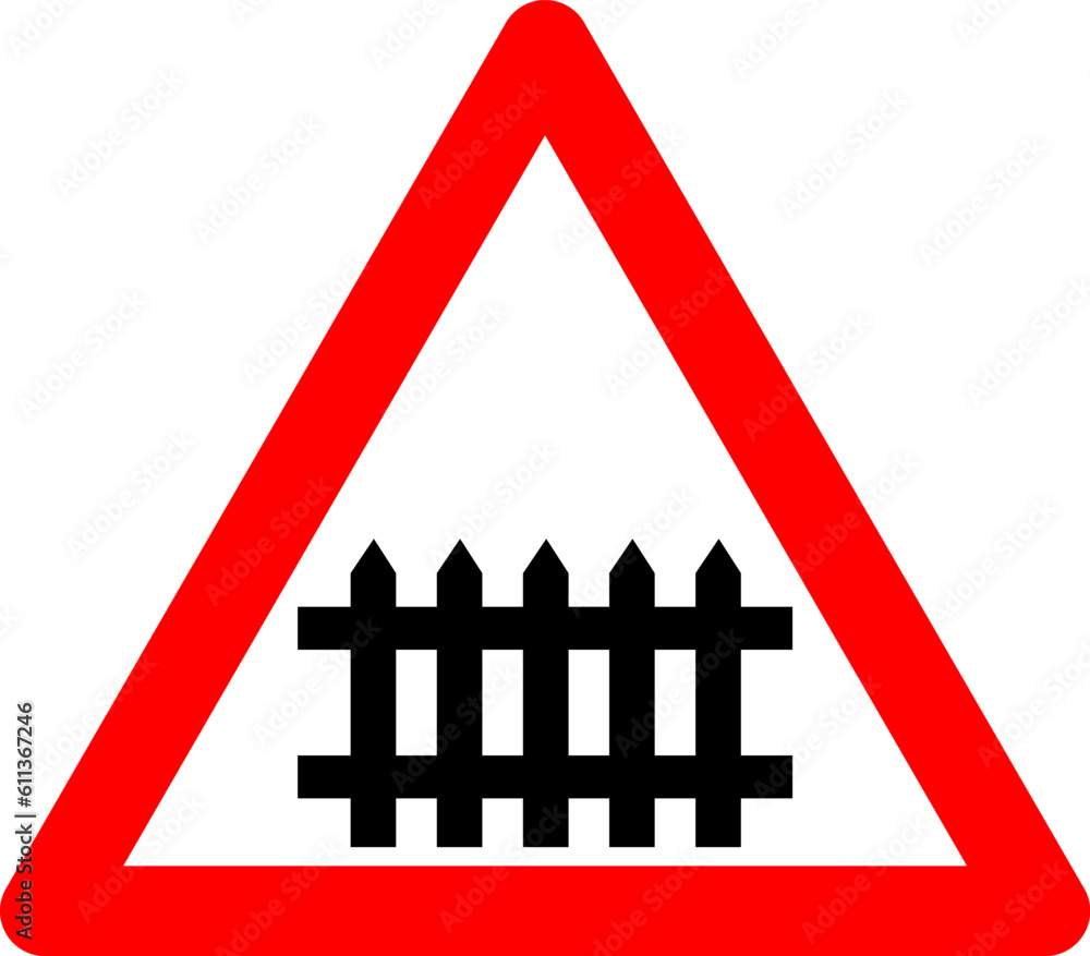 Railway crossing sign with slagbaum. Warning sign railway crossing with