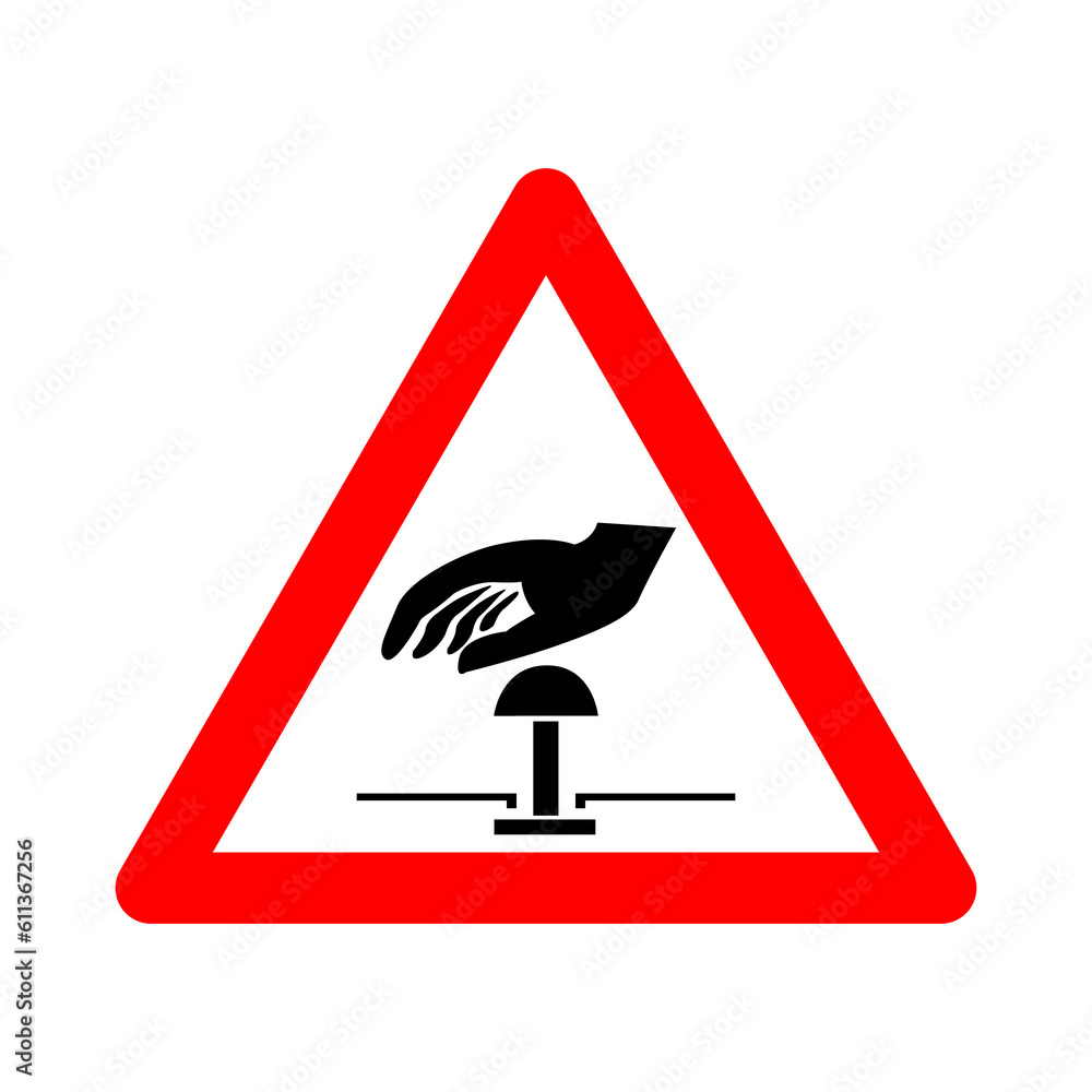 Emergency stop sign with button. Warning sign emergency shutdown button. Red triangle sign with silhouette of hand button inside. Location of the off button. Stop button. Emergency stop sign with button. Warning sign emergency shutdown button. Red triangle sign with silhouette of hand button inside. Location of the off button. Stop button.