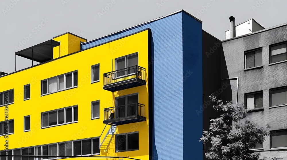 Blue and Yellow building in the city Generative AI, AI Generated Blue and Yellow building in the city Generative AI, AI Generated