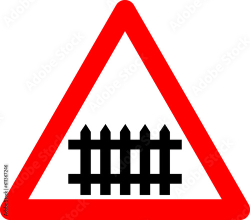 Railway crossing sign with slagbaum. Warning sign railway crossing with barrier or gate. Red triangle sign. Caution train. Beware railway colia. Road sign.