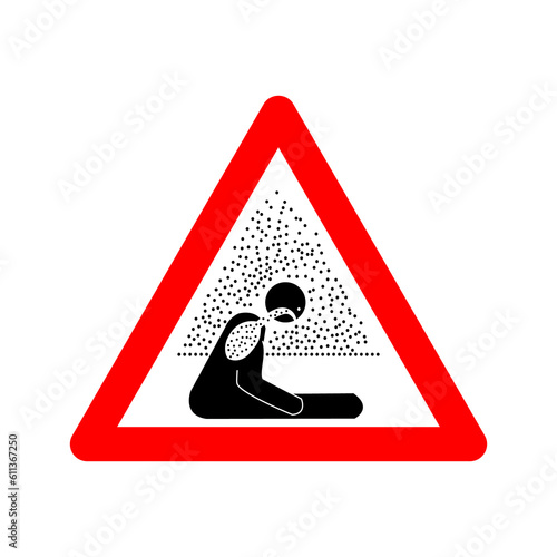 Sign suffocating atmosphere. Air pollution warning sign. Red triangle sign with a silhouette a seated person in pollution fumes. Caution suffocating air. Beware polluted air. Asphyxiating atmosphere. photo
